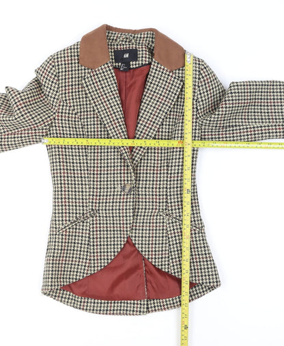 H&M Women Beige Houndstooth Wool Blend Blazer Jacket Size 4