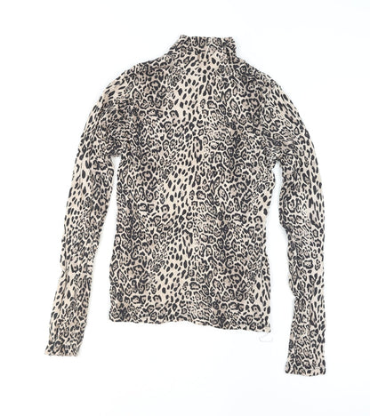 Select Womens Beige Leopard Print Long Sleeve High Neck Top Size S