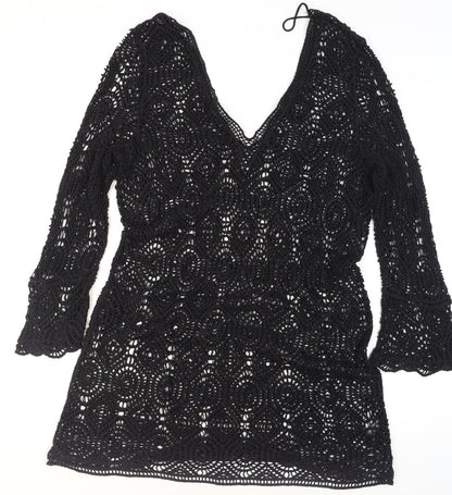 Next Women’s Black Crochet Cotton Tunic XL Long Sleeve V-Neck