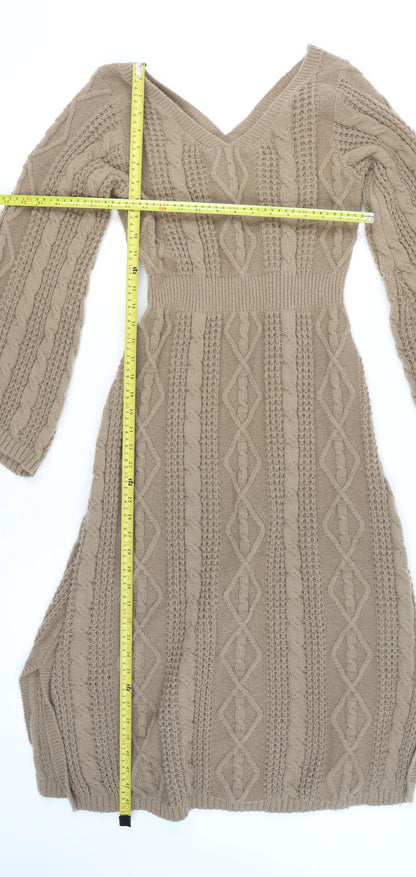 Mix Women Beige Knit Jumper Dress L V-Neck Long Sleeve