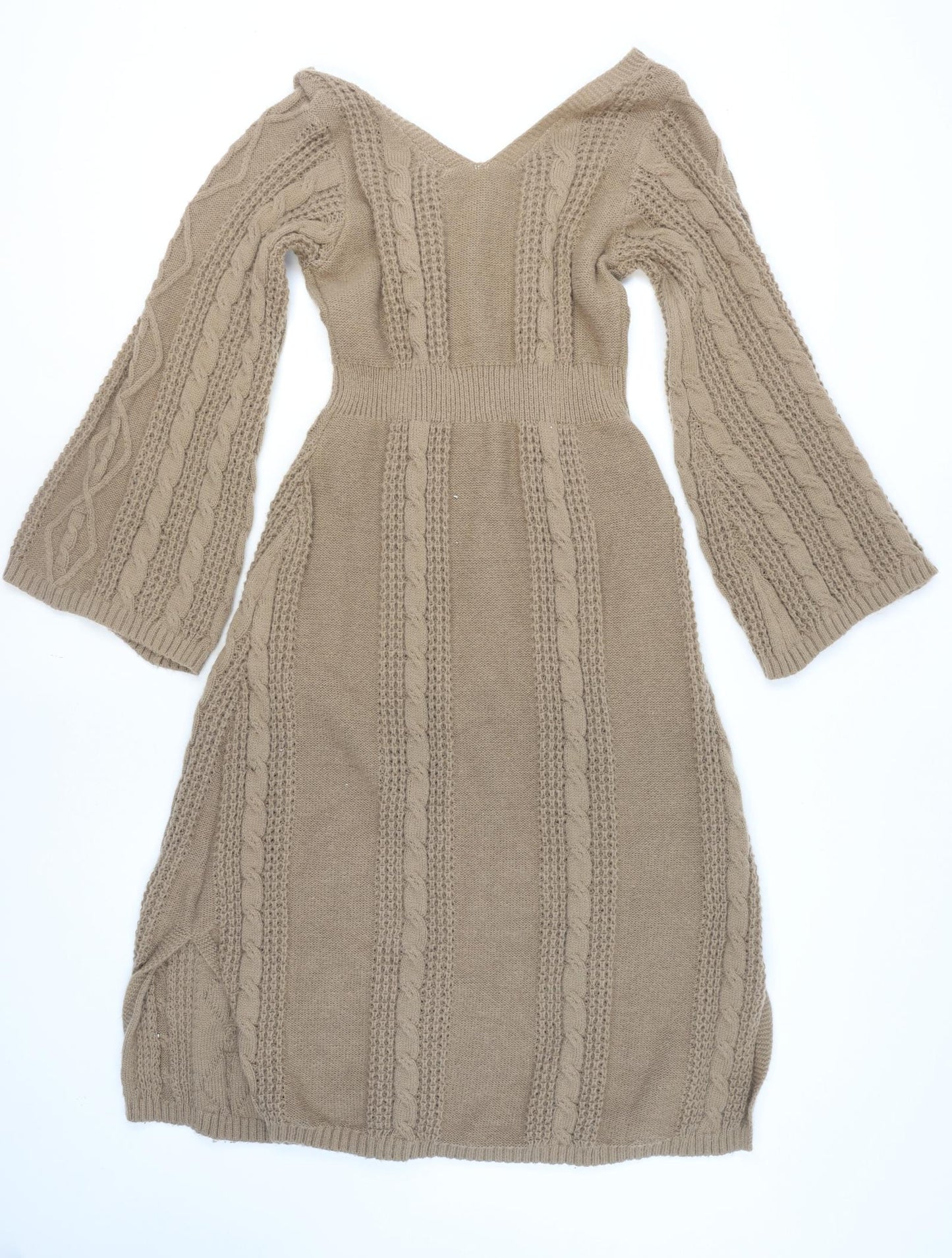 Mix Women Beige Knit Jumper Dress L V-Neck Long Sleeve