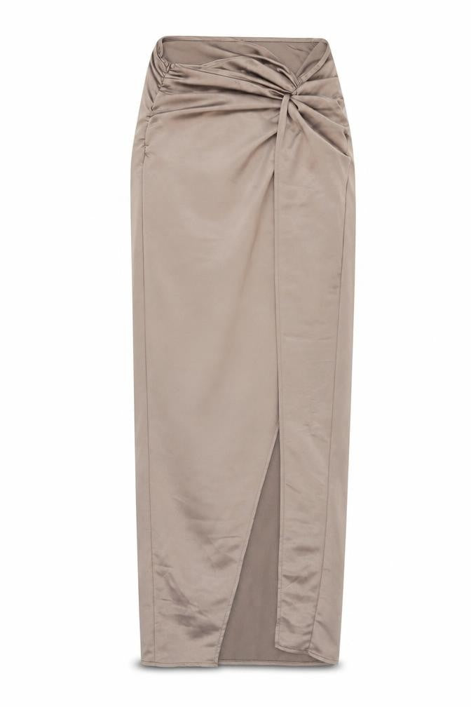 PRETTYLITTLETHING Women’s Brown Satin Ruched Midi Bodycon Dress UK 8