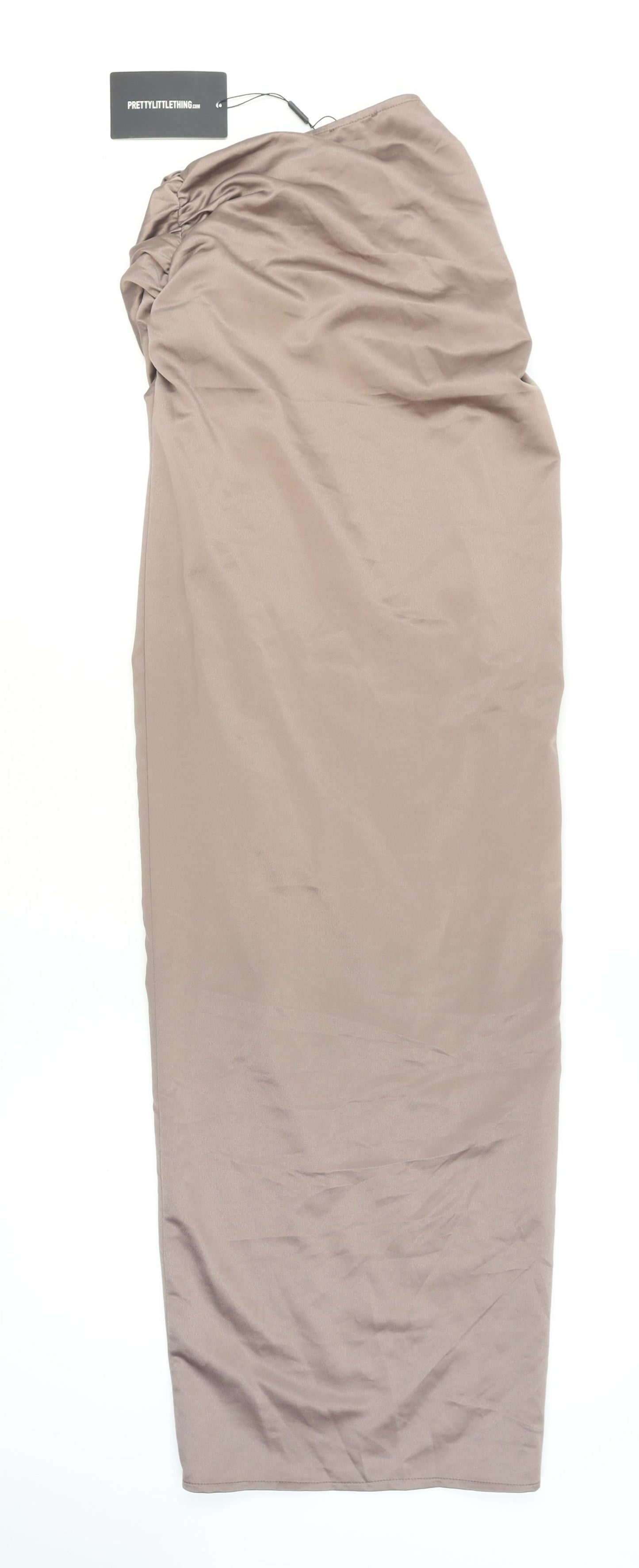 PrettyLittleThing Women’s Brown Satin Ruched Midi Bodycon Dress UK 8