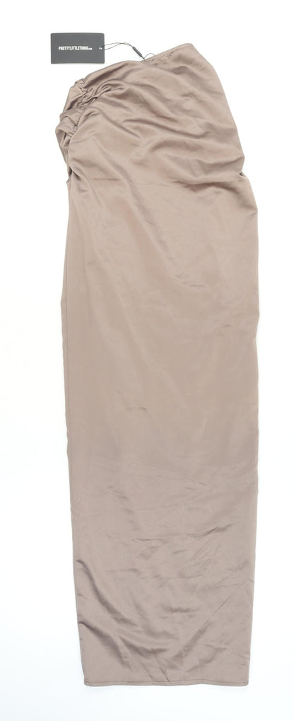 PrettyLittleThing Women’s Brown Satin Ruched Midi Bodycon Dress UK 8