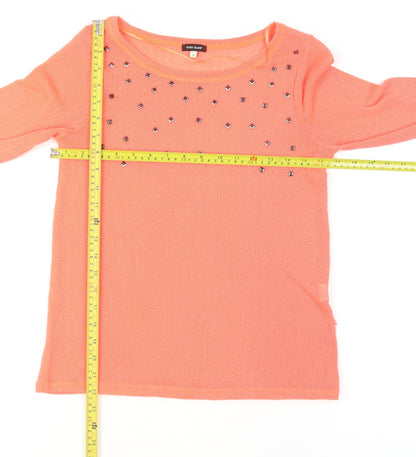 River Island Women's Orange Studded Knit 3/4 Sleeve T-Shirt Size 8