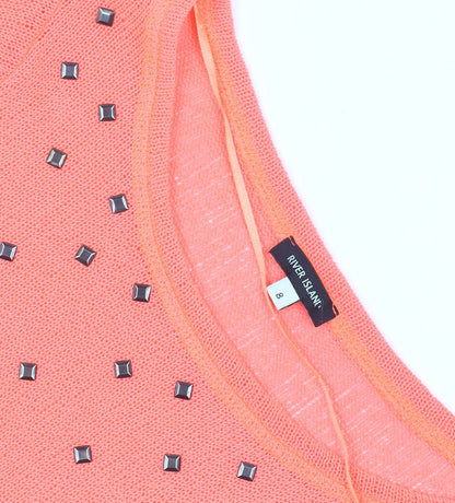 River Island Women's Orange Studded Knit 3/4 Sleeve T-Shirt Size 8