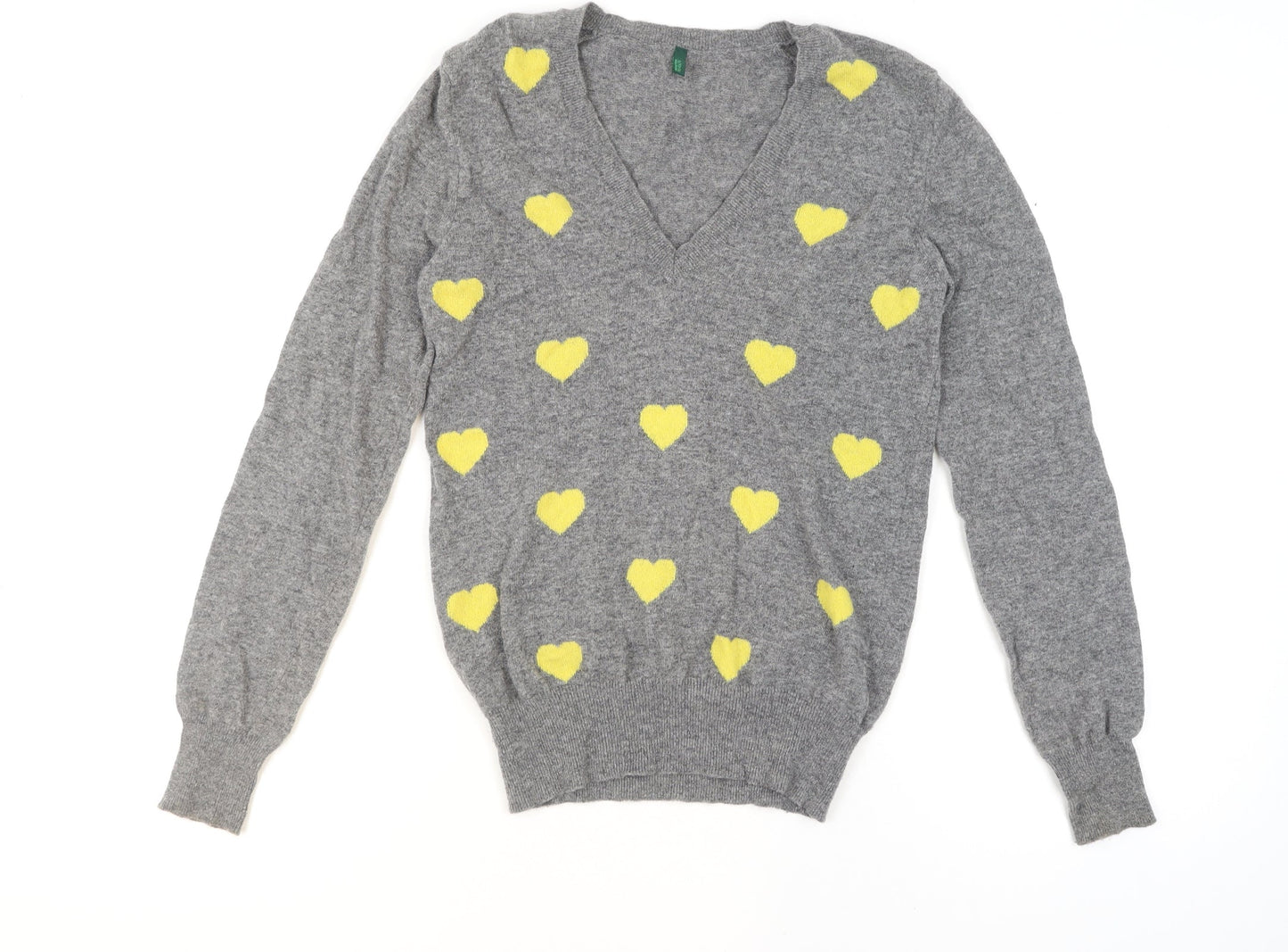 Benetton Women Grey Yellow Heart Wool Blend V-Neck Jumper Size M