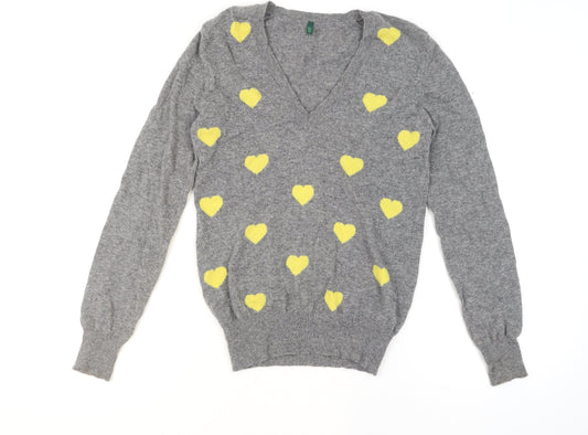 Benetton Women Grey Yellow Heart Wool Blend V-Neck Jumper Size M