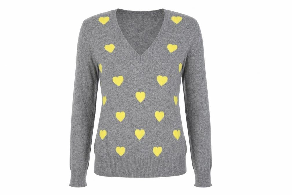 United Colors of Benetton Women Grey Yellow Heart Wool Blend V-Neck Jumper Size M