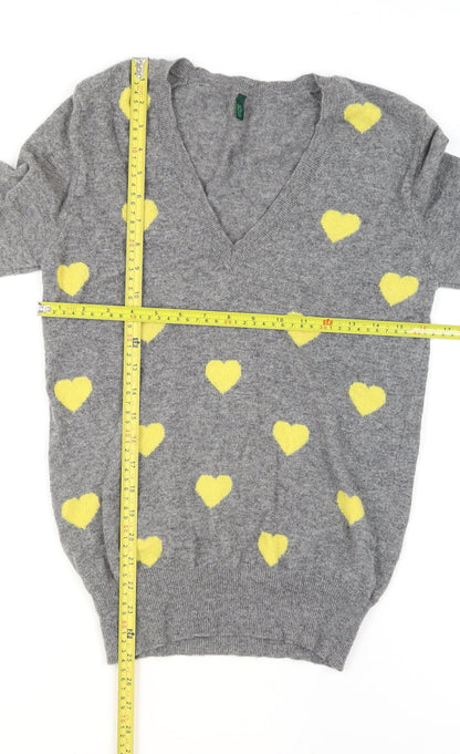 Benetton Women Grey Yellow Heart Wool Blend V-Neck Jumper Size M