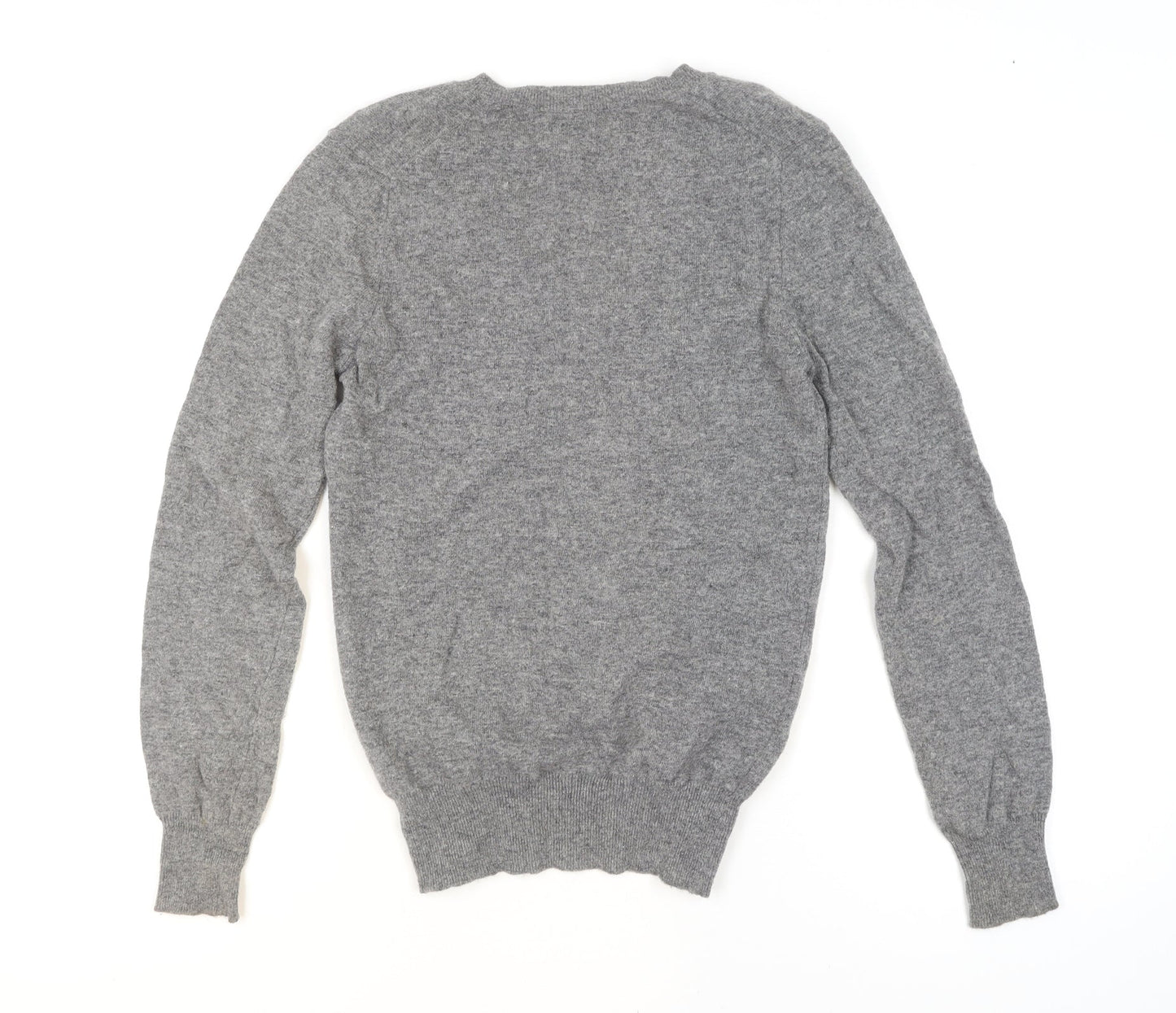 Benetton Women Grey Yellow Heart Wool Blend V-Neck Jumper Size M