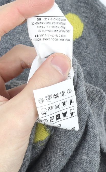 Benetton Women Grey Yellow Heart Wool Blend V-Neck Jumper Size M