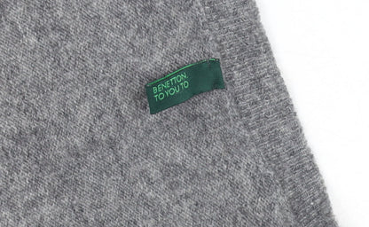 Benetton Women Grey Yellow Heart Wool Blend V-Neck Jumper Size M