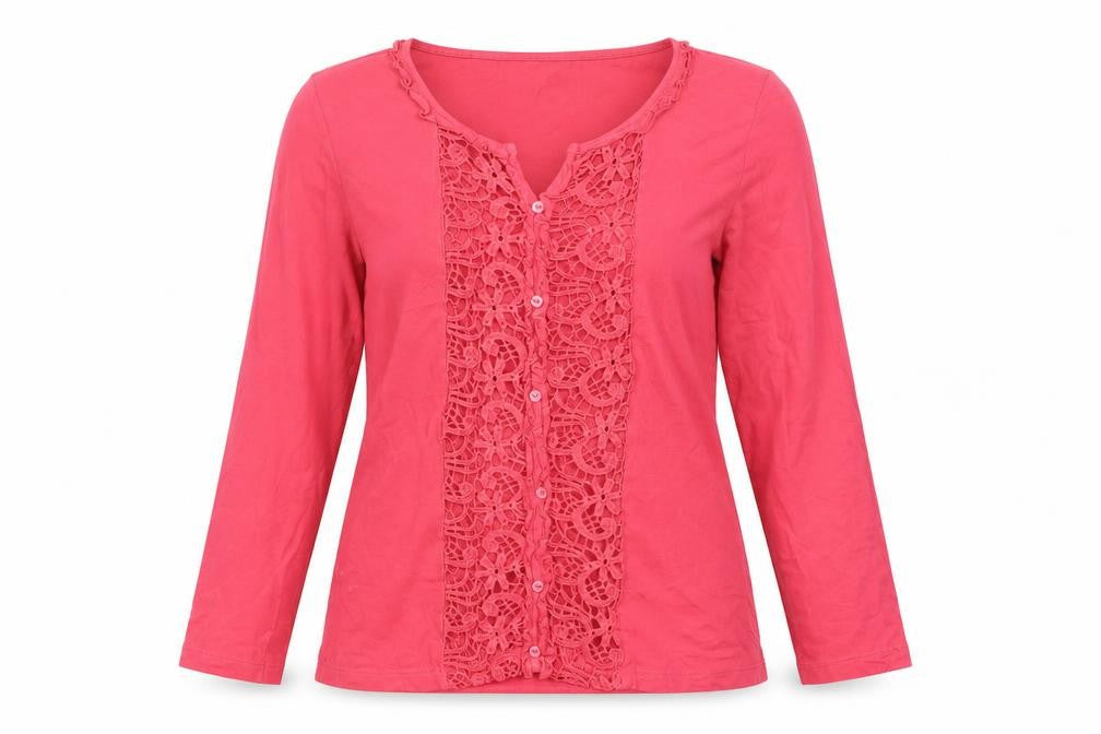 Lakeland Women's Pink Crochet Button Long Sleeve Tunic Blouse Size 12