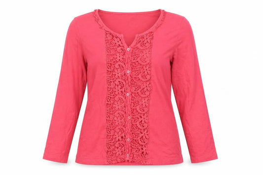 Lakeland Women's Pink Crochet Button Long Sleeve Tunic Blouse Size 12