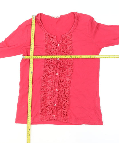 Lakeland Women's Pink Crochet Button Long Sleeve Tunic Blouse Size 12