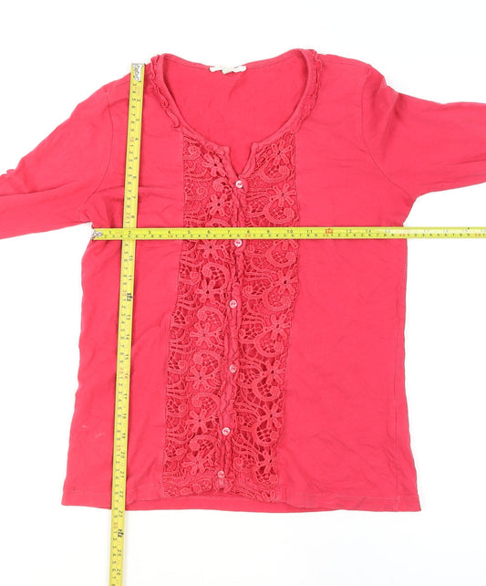 Lakeland Women's Pink Crochet Button Long Sleeve Tunic Blouse Size 12