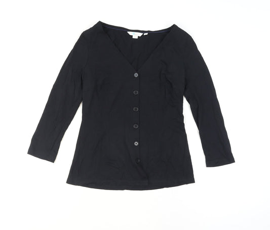 Boden Womens Black Button-Up V-Neck 3/4 Sleeve Cotton Top Size 8