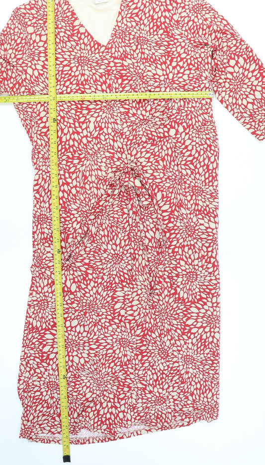 Eastex Women’s Red Floral Midi Wrap Dress Size 14 V-Neck 3/4 Sleeve