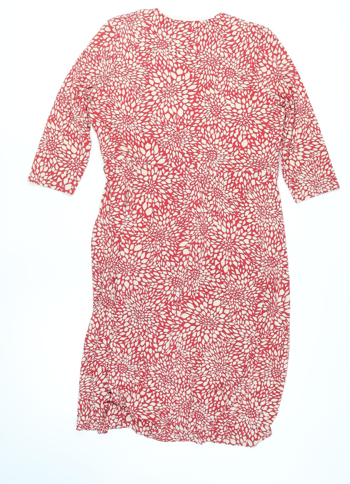 Eastex Women’s Red Floral Midi Wrap Dress Size 14 V-Neck 3/4 Sleeve