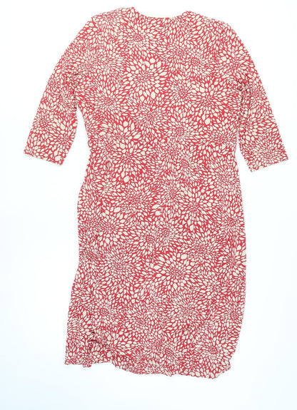 Eastex Women’s Red Floral Midi Wrap Dress Size 14 V-Neck 3/4 Sleeve