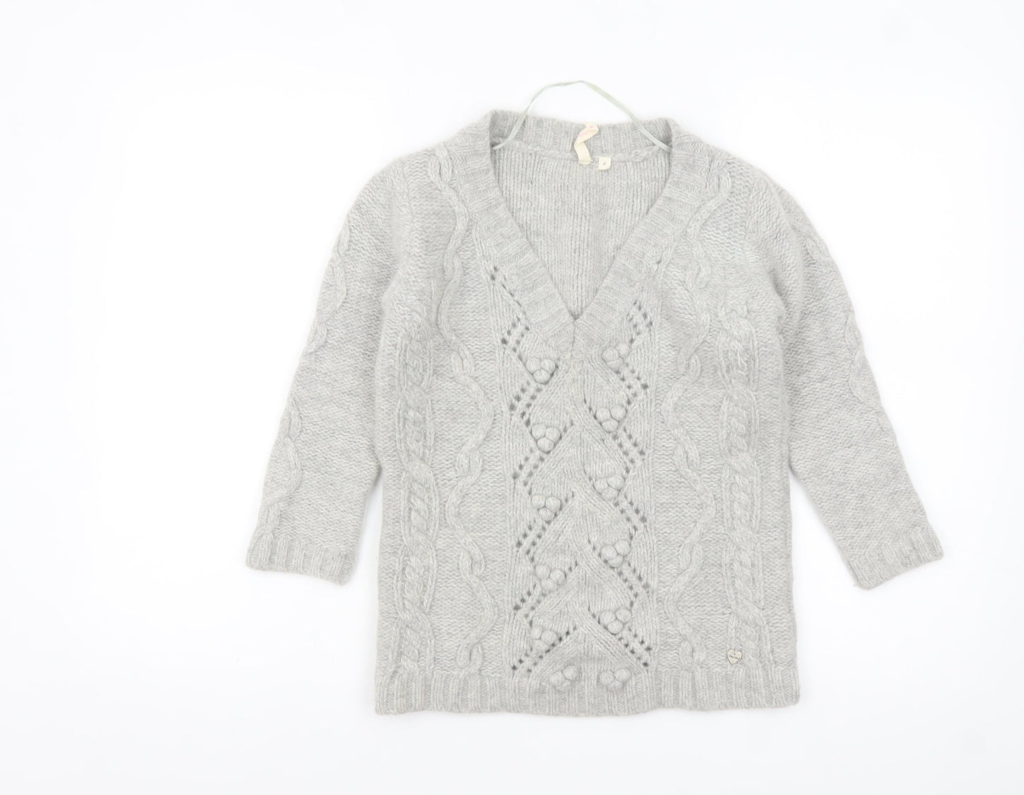 H&M Women Grey Chunky Knit V-Neck Wool Blend Jumper Size 8