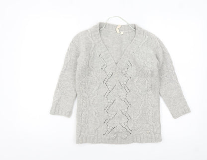 H&M Women Grey Chunky Knit V-Neck Wool Blend Jumper Size 8