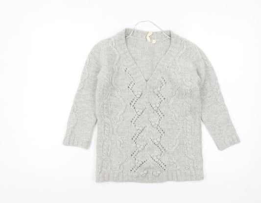 H&M Women Grey Chunky Knit V-Neck Wool Blend Jumper Size 8