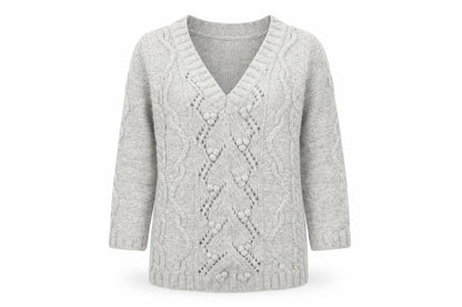 H&M Women Grey Chunky Knit V-Neck Wool Blend Jumper Size 8