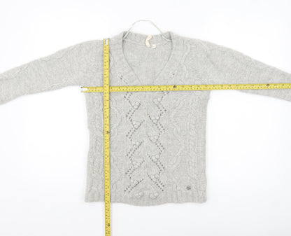 H&M Women Grey Chunky Knit V-Neck Wool Blend Jumper Size 8