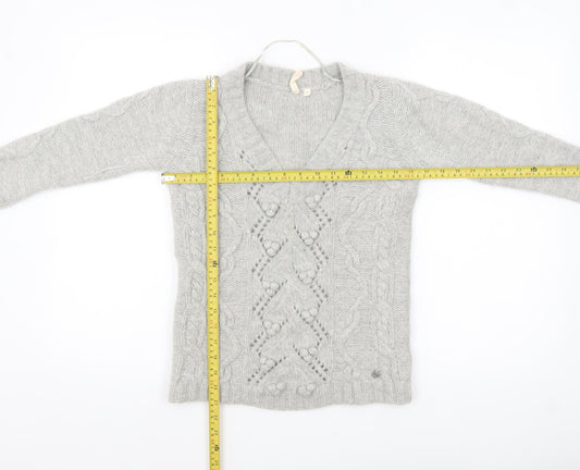 H&M Women Grey Chunky Knit V-Neck Wool Blend Jumper Size 8