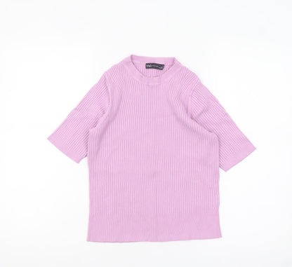 Marks and Spencer Women’s Pink Ribbed Mock Neck Short Sleeve Jumper Size 12