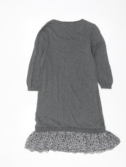 Next Women Grey Jumper Dress Size 10 3/4 Sleeve Ruffle Hem Knit
