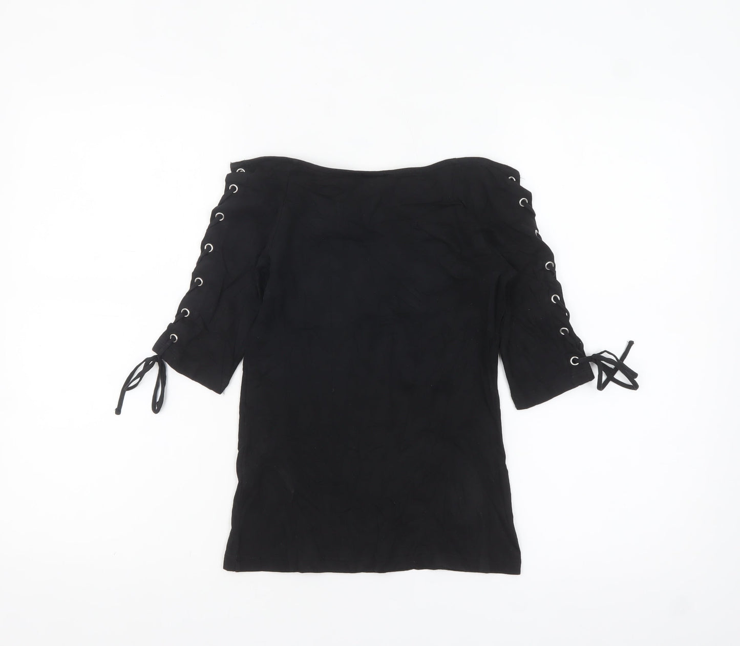 H&M Womens Black Off Shoulder Lace Up Short Sleeve Top XS