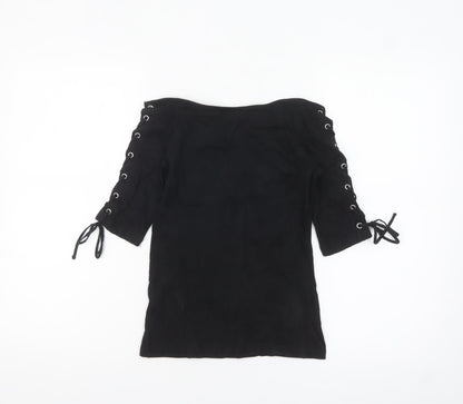 H&M Womens Black Off Shoulder Lace Up Short Sleeve Top XS