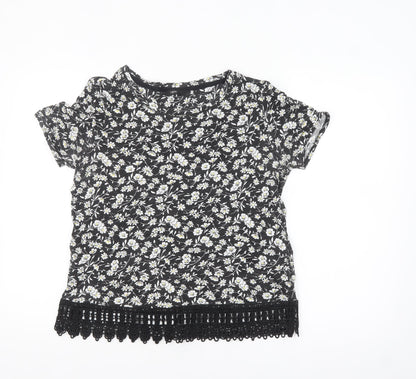 Next Womens Black Floral Crochet Hem Cotton T-Shirt Size 12