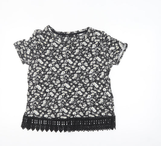 Next Womens Black Floral Crochet Hem Cotton T-Shirt Size 12