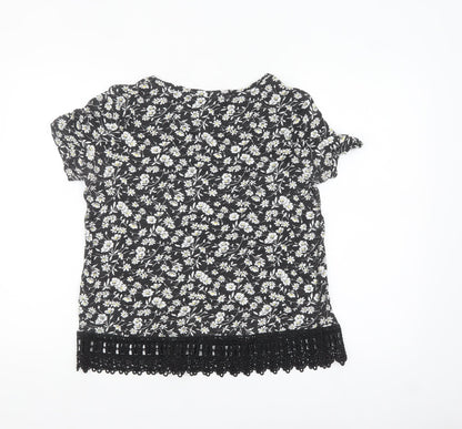 Next Womens Black Floral Crochet Hem Cotton T-Shirt Size 12