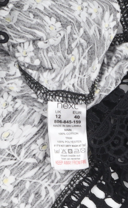 Next Womens Black Floral Crochet Hem Cotton T-Shirt Size 12