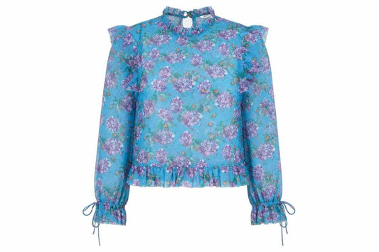 Monki Women’s Blue Floral Mesh Ruffle Long Sleeve Blouse Size S