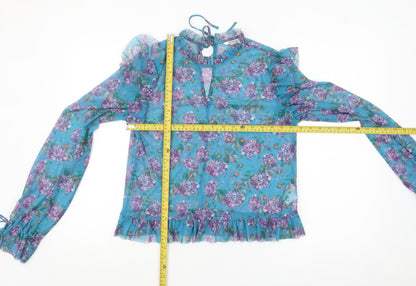 Monki Women’s Blue Floral Mesh Ruffle Long Sleeve Blouse Size S