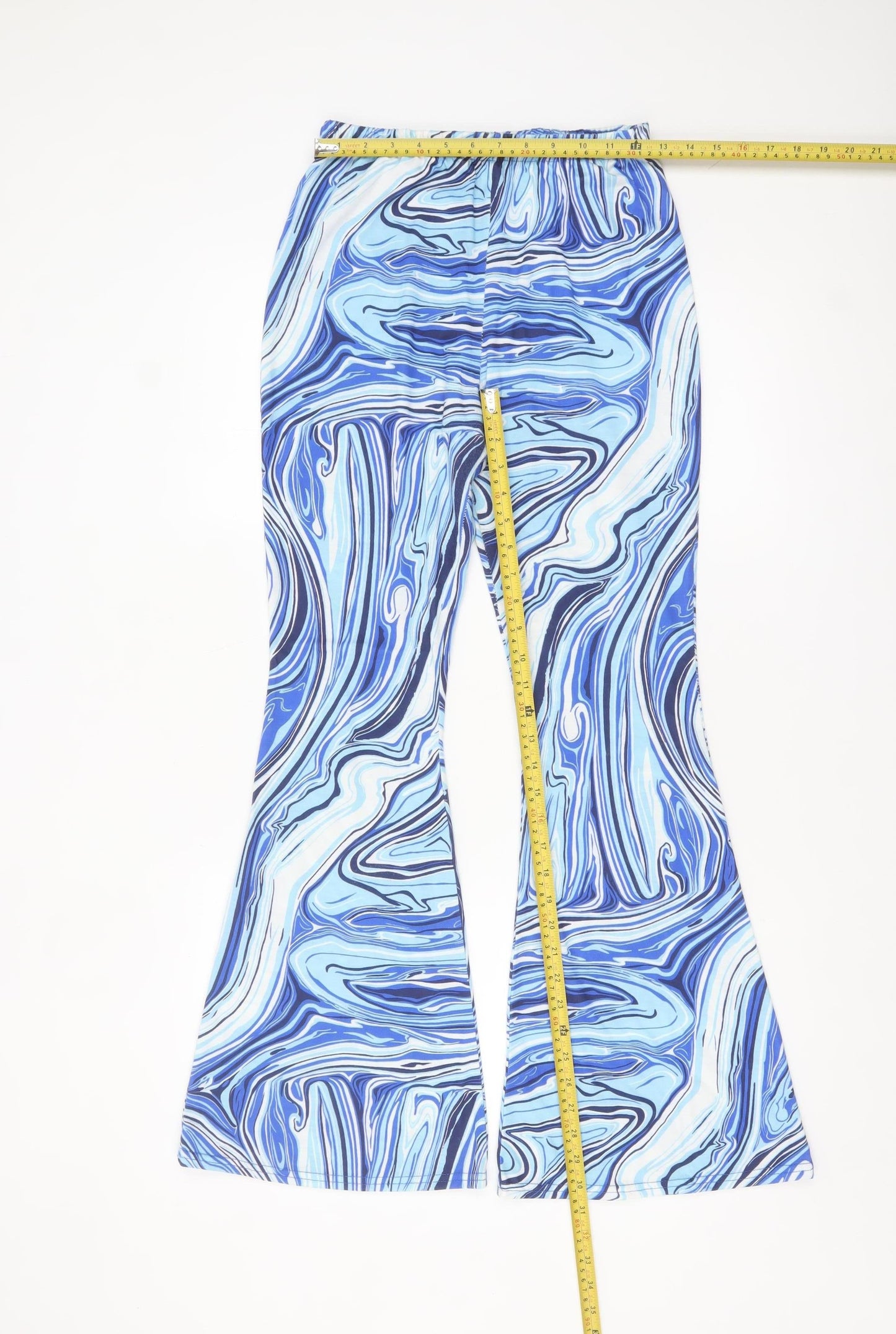 boohoo Women's Blue Swirl Flared Jersey Trousers Size 14