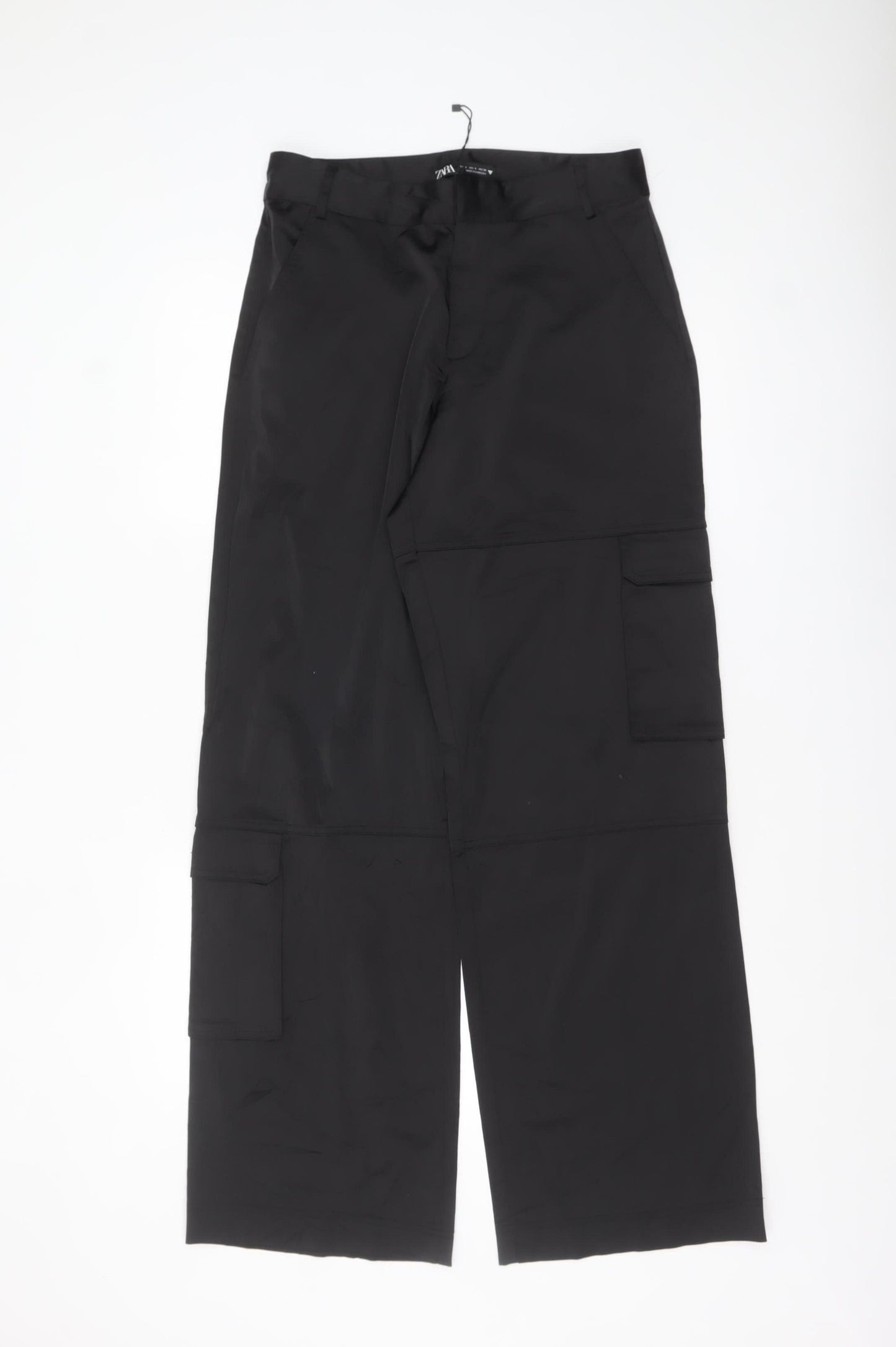 Zara Women's Black Cargo Trousers Size S Straight Leg Polyester Cotton Blend