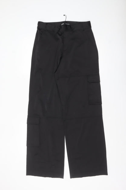 Zara Women's Black Cargo Trousers Size S Straight Leg Polyester Cotton Blend