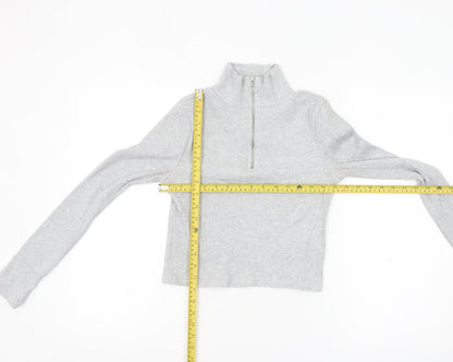 Topshop Women's Grey Cropped Ribbed Half Zip High Neck Top Size 8
