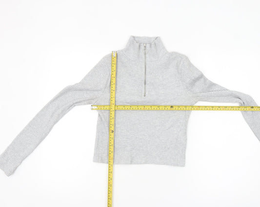 Topshop Women's Grey Cropped Ribbed Half Zip High Neck Top Size 8
