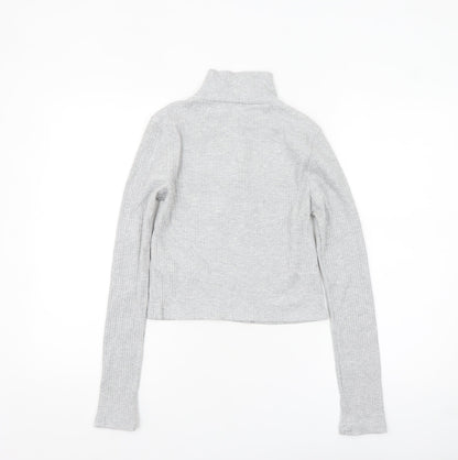 Topshop Women's Grey Cropped Ribbed Half Zip High Neck Top Size 8