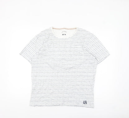 Life & Glory Men's White Striped Cotton Crew Neck T-Shirt - Size L