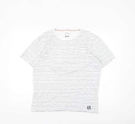 Life & Glory Men's White Striped Cotton Crew Neck T-Shirt - Size L