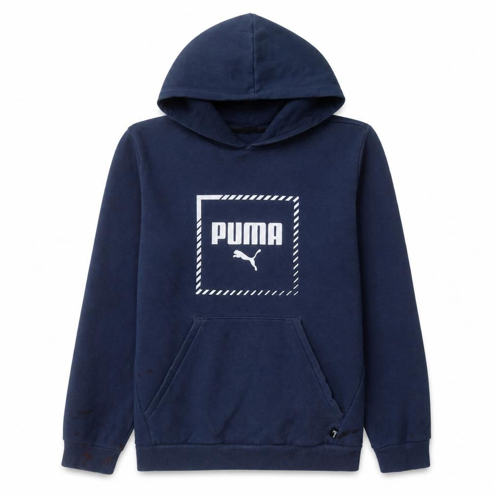 Front view of Puma Teens Blue Pullover Hoodie L Logo Fleece Sweatshirt